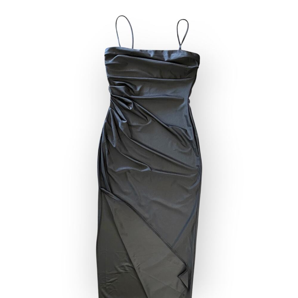 Black Satin Ruched Slip Dress Midi Cocktail Evening Party Dress Womens Large - Picture 8 of 10